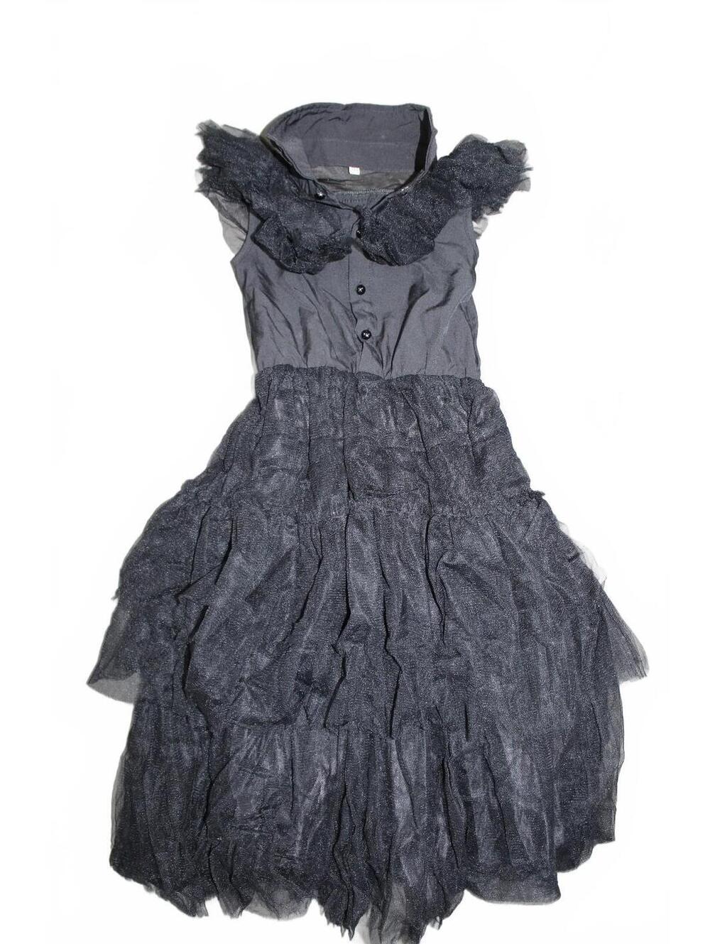New Black Ruffled Tulle Dress Size 110 for Girls - Wednesday